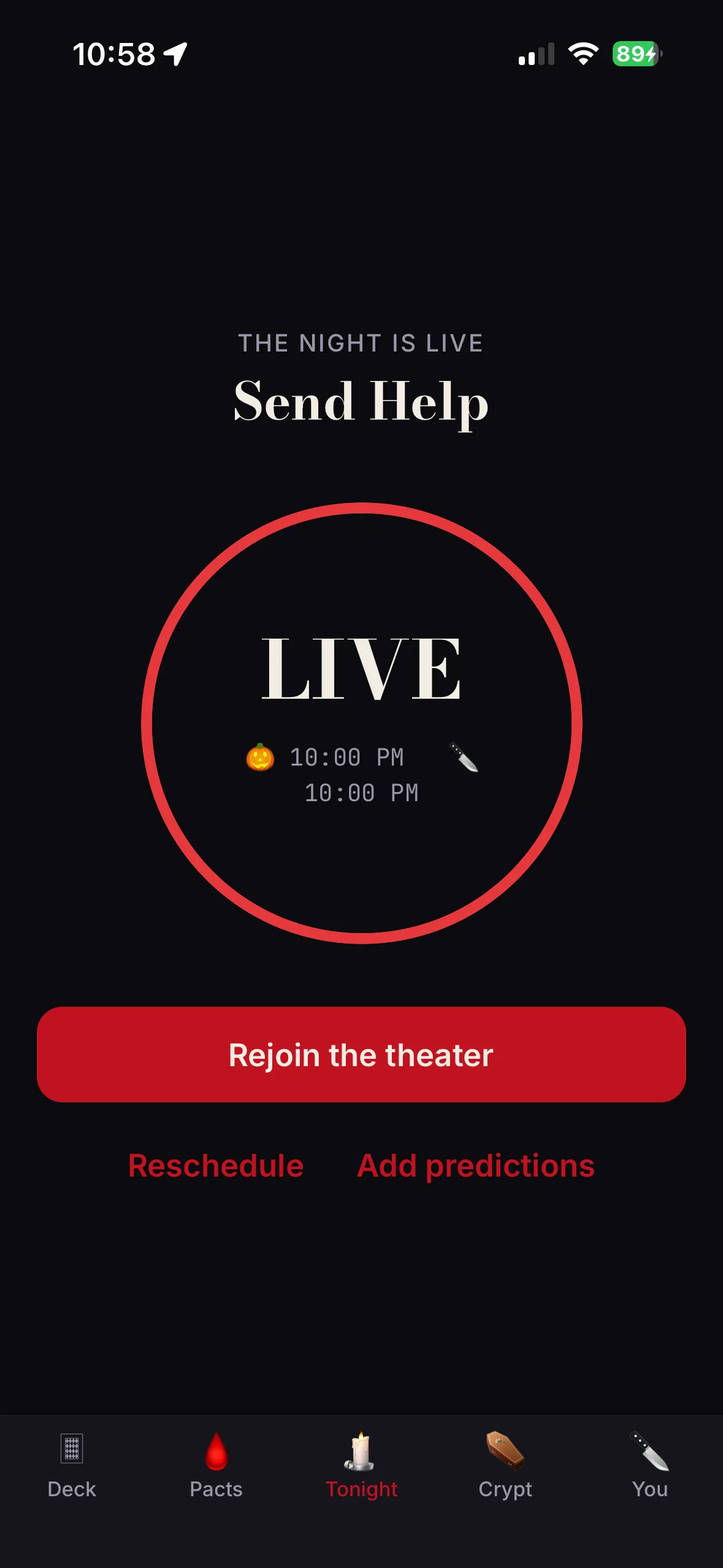 The night is live: one ring, and the start time in both your timezones at once.